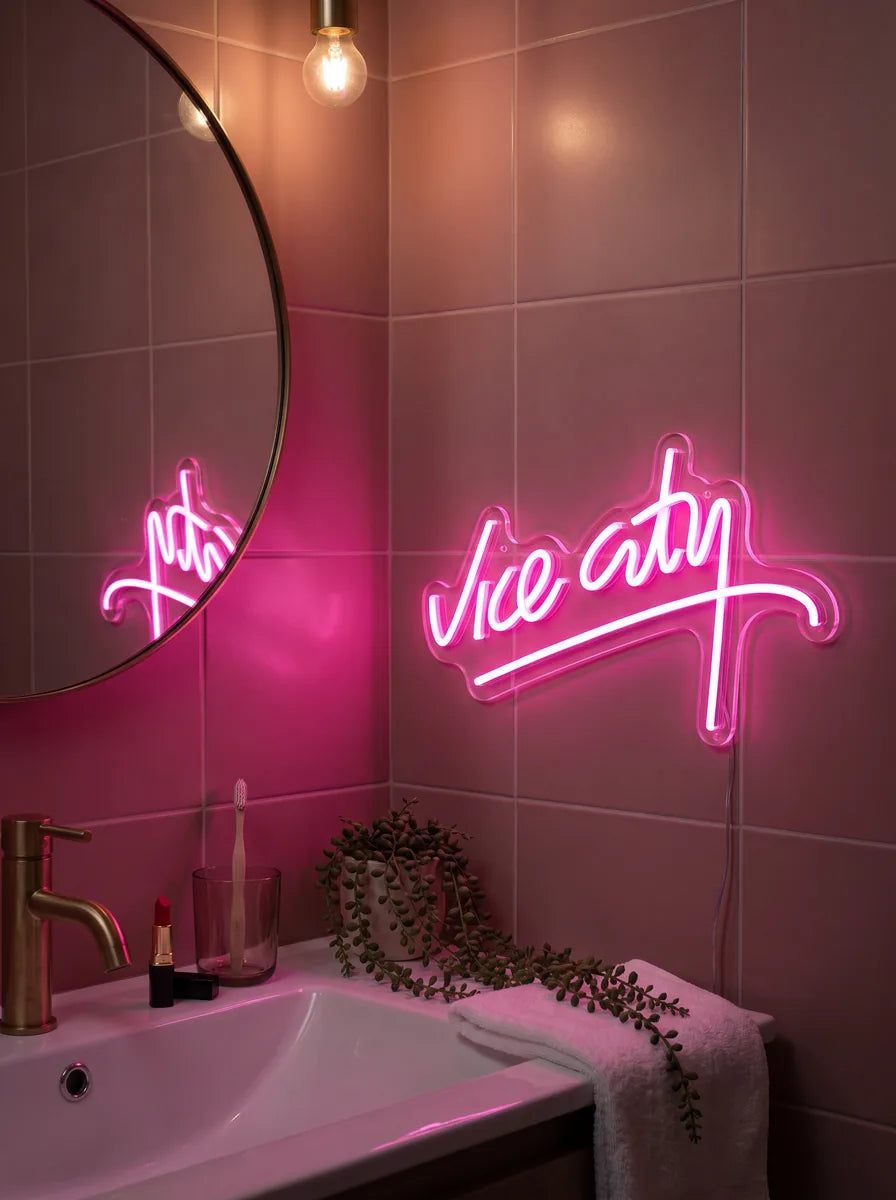 Vice City Neon im Badezimmer neben dem Spiegel über der Badewanne