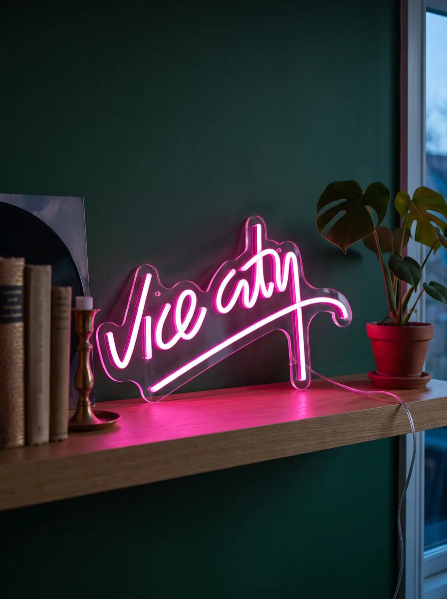 Vice City Neon auf einem Bücherregal vor dunkelgrüner Wand