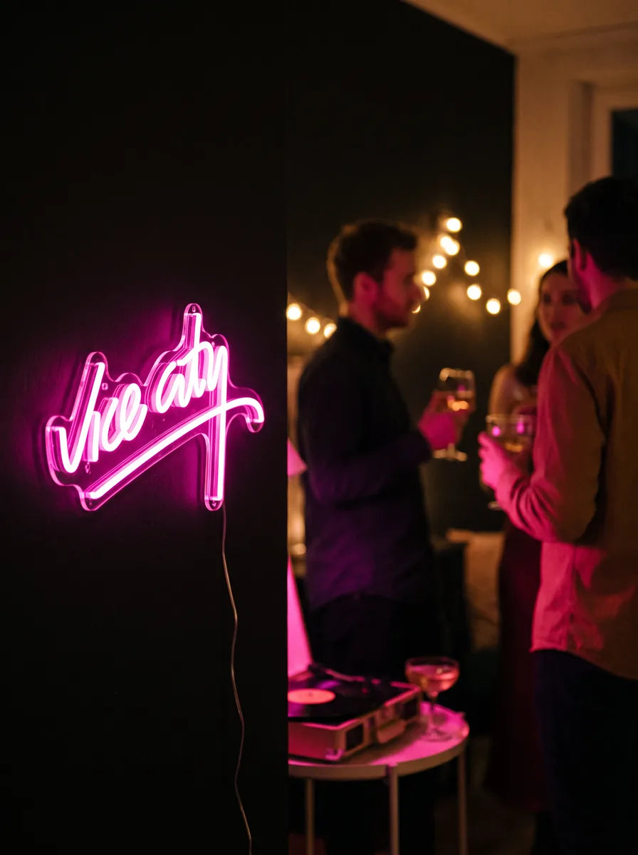 Vice City Neon im Wohnzimmer an einem Abend mit Freunden